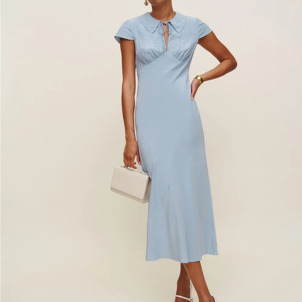 Reformation Lydia Silk Blue Midi Dress